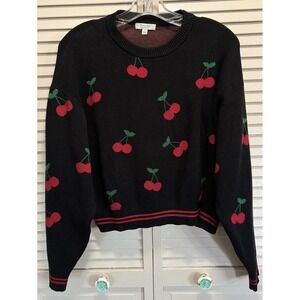 Orange Kiss Cherries Knit Crop Sweater Crew Neck Long Sleeve Size L Soft